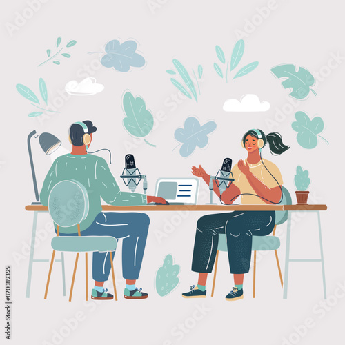 Cartoon vector illustration of man interviewing a woman in a radio studio sitting at the desk. Characters on white background.