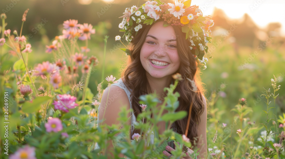 A woman fully focused, passionately collecting flowers to arrange them into a wreath. Her joy fills the entire atmosphere. A woman fully focused, passionately collecting flowers to arrange them into a wreath. Her joy fills the entire atmosphere.