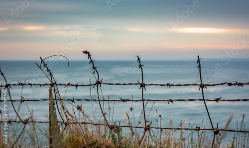 In the foreground is shiny barbed wire from the Second World War era, while in the background the picturesque scenery of the English Channel amazes with its peace and beauty. photo