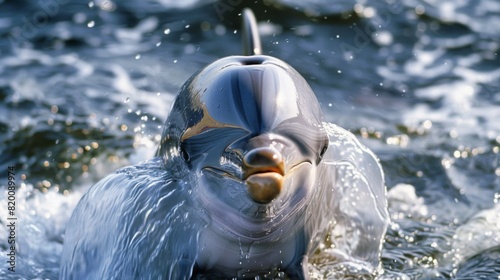 Close-up of a curious dolphin peering out of the water, its intelligent eyes gleaming with curiosity and playfulness. photo