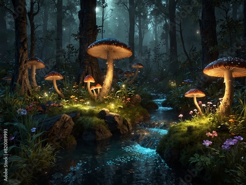 Magical Glade  An Enchanted Forest Scene with Glowing Mushrooms and Sparkling Fireflies