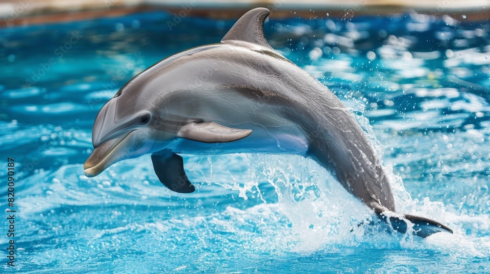Naklejka premium Close-up of a dolphin leaping gracefully out of the water, its streamlined body glistening in the sunlight.