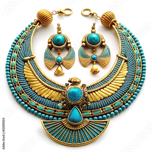 Egyptian Grandeur: Gold, Turquoise Beaded Collar, Earrings Isolated 