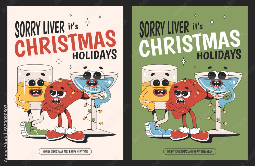 Fototapeta premium Merry Christmas and Happy New year vertical posters in retro groovy style. Sad liver, whiskey glass and cocktail cartoon characters.