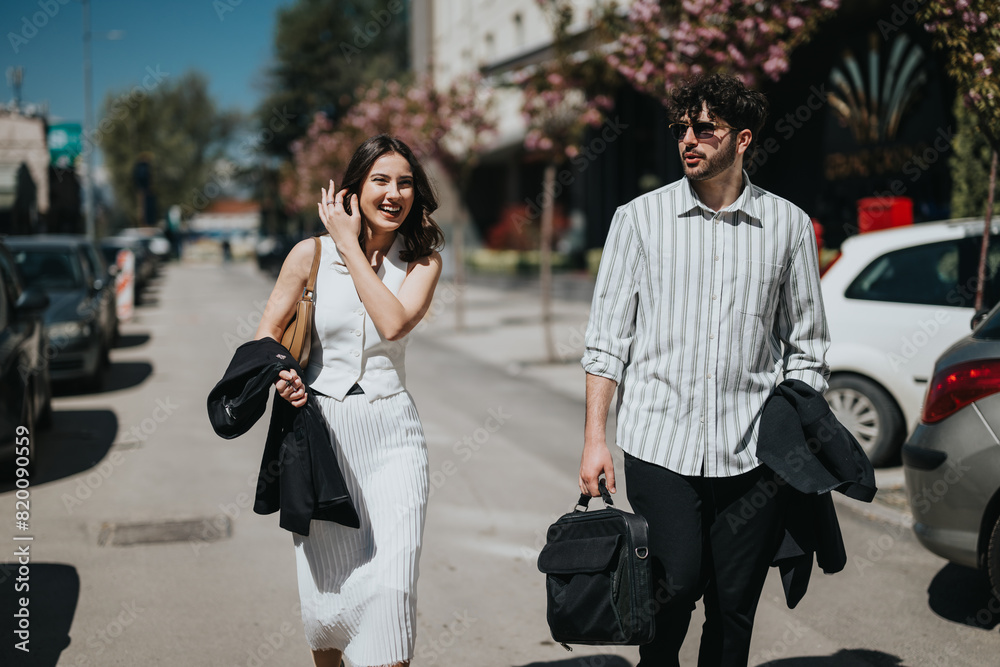 Naklejka premium Two business professionals in casual attire walking and talking about sales and marketing strategies in a city setting for corporate growth.