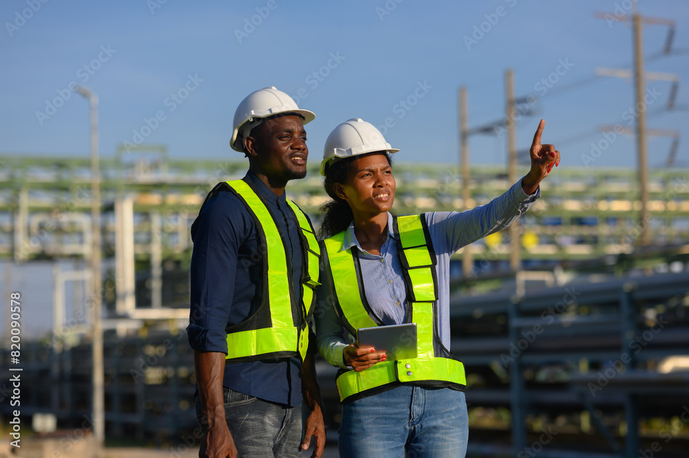 Male and female engineers check the drawing system inspection with the real pipe system of the new construction project, engine engineer, Sysetm cooling machine, compared to drawing design.