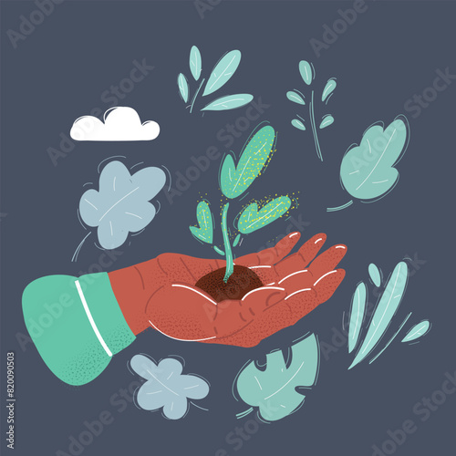 Cartoon vector illustration of spring little plant in the hand on dark background.