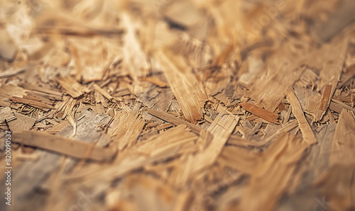 Complex chipboard structure, with clearly visible fine wood chips tightly combined into a uniform surface. These are details that show the industrial character and rawness of the material. photo