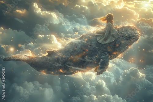 A surreal artwork depicting a woman riding on a whale in the sky