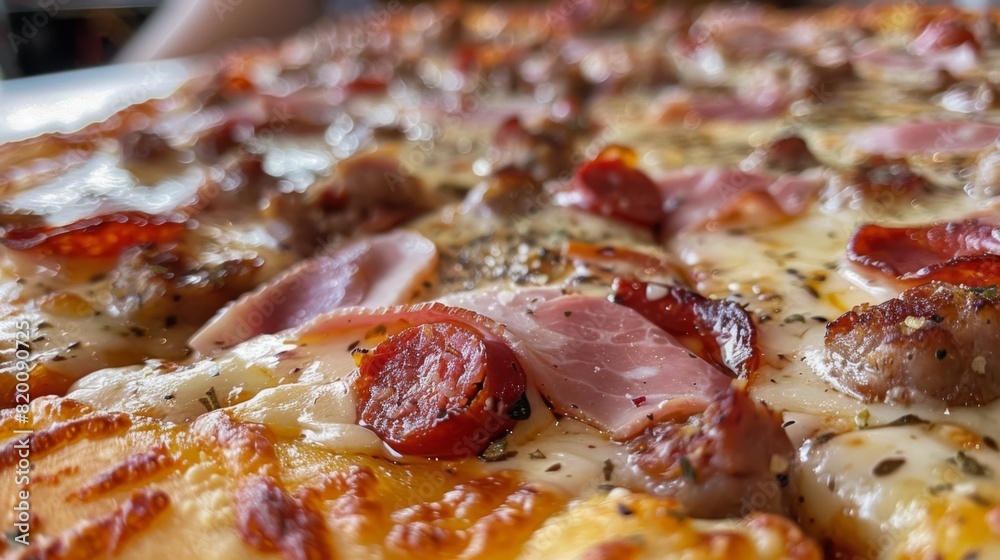 Close-up of a loaded meat lover's pizza, featuring sausage, pepperoni, bacon, and ham, with melted cheese and tomato sauce. Close-up of a loaded meat lover's pizza, featuring sausage, pepperoni, bacon, and ham, with melted cheese and tomato sauce.