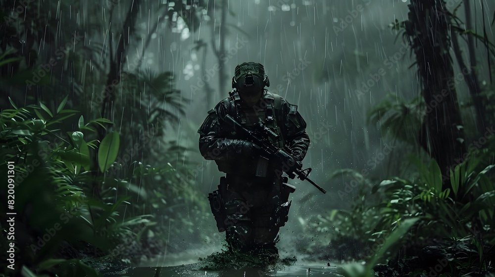 soldier holding a AR walking through water in the forest face the camera