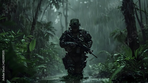 soldier holding a AR walking through water in the forest face the camera