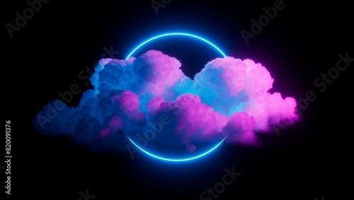 3d render. Abstract neon background of pink blue cloud and glowing ring, isolated on black. Round linear frame. Spiritual minimalist wallpaper