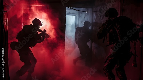 soldier doing CQB with gun and smoke bomb photo