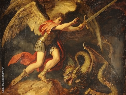 A painting of a man with a sword and an angel with wings. The painting has a dark and dramatic mood photo