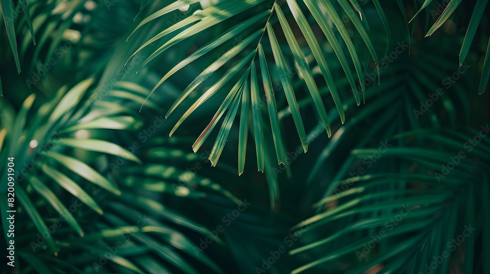 Obraz premium tropical palm leaf and shadow, abstract natural green background, dark tone textures