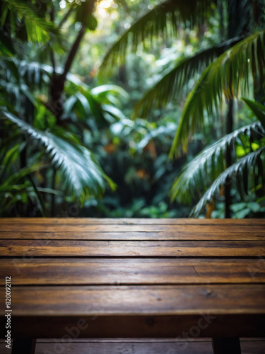 Wooden table set against a backdrop of dense tropical jungle