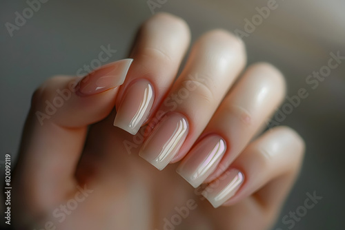 Closeup to woman hands with elegant neutral colors manicure. Beautiful natural looking gel polish manicure on square nails AI