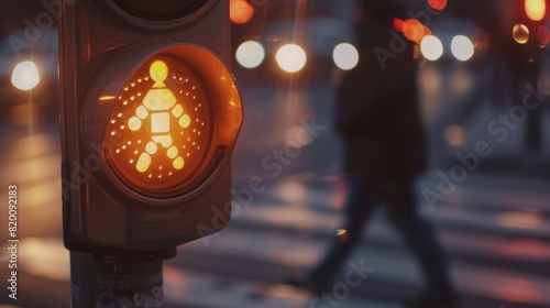 Close-up of a pedestrian crossing button with a traffic light in the background, emphasizing the use of crosswalks photo