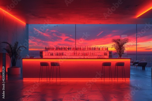Liquidfilled bar with magenta lights and sunset beyond the horizon