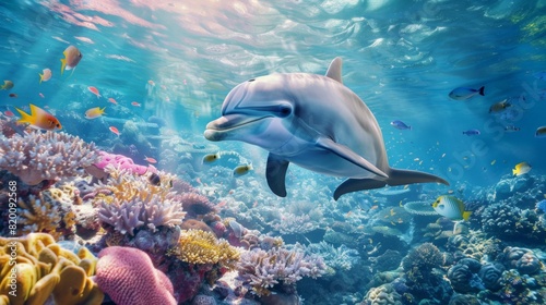 Close-up of a playful dolphin swimming gracefully underwater  surrounded by vibrant coral reefs and tropical fish.