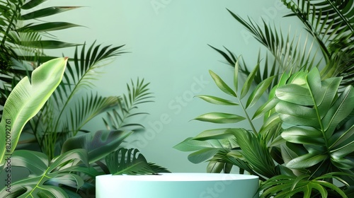 Showcase background with 3d podium and green tropic leaves. Summer nature concept Illustration