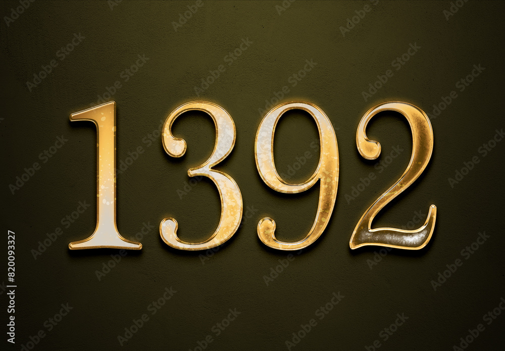 Old gold effect of 1392 number with 3D glossy style Mockup. Old gold effect of 1392 number with 3D glossy style Mockup.