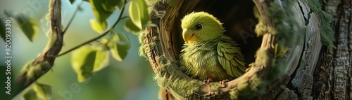 A parakeet with the fur of a kitten, nestling softly in a whimsical treehouse, 3D illustration photo