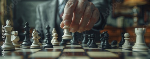 A man engaged in a focused game of chess, making a decisive move photo