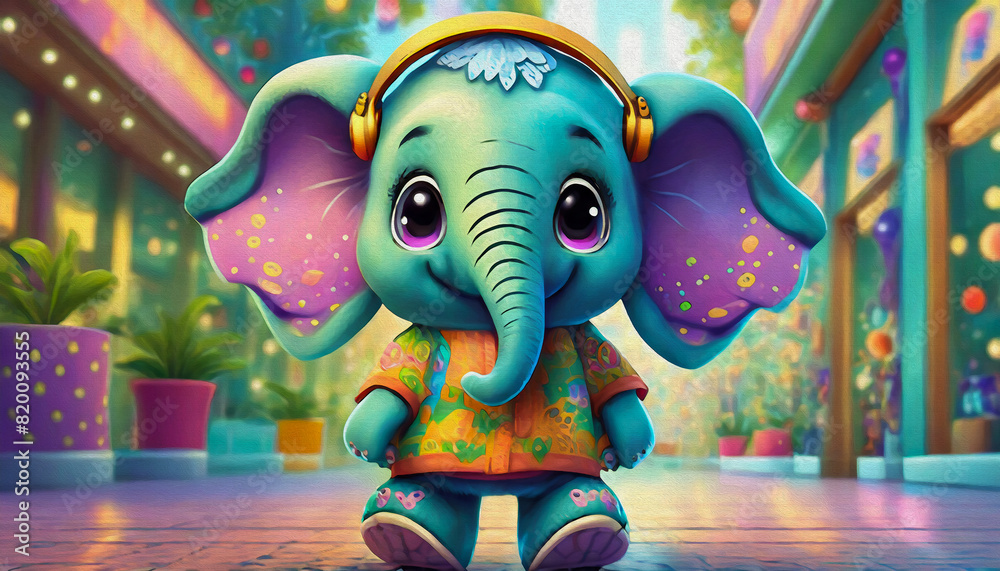 Obraz premium oil painting style portrait of handsome a cute baby elephant cartoon character he walks down the street and listens to music,