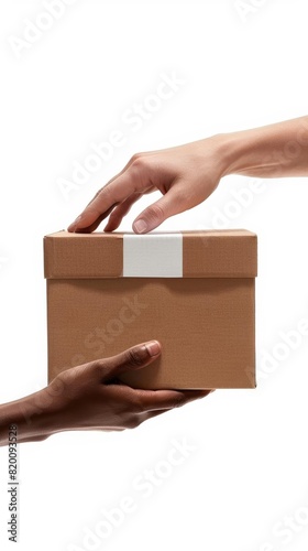 Hands exchanging a cardboard box against a white background, representing delivery, shipping, or gift giving. © Nathakorn