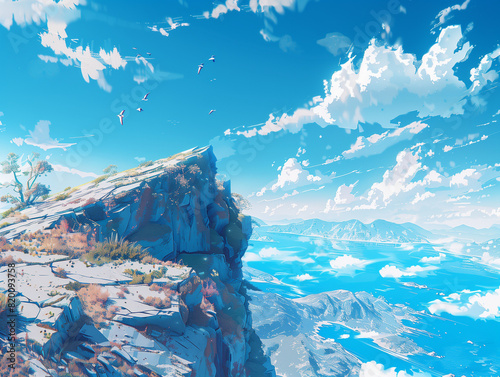 Digital anime style art painting of beautiful landscape scenery of mountains and blue sky