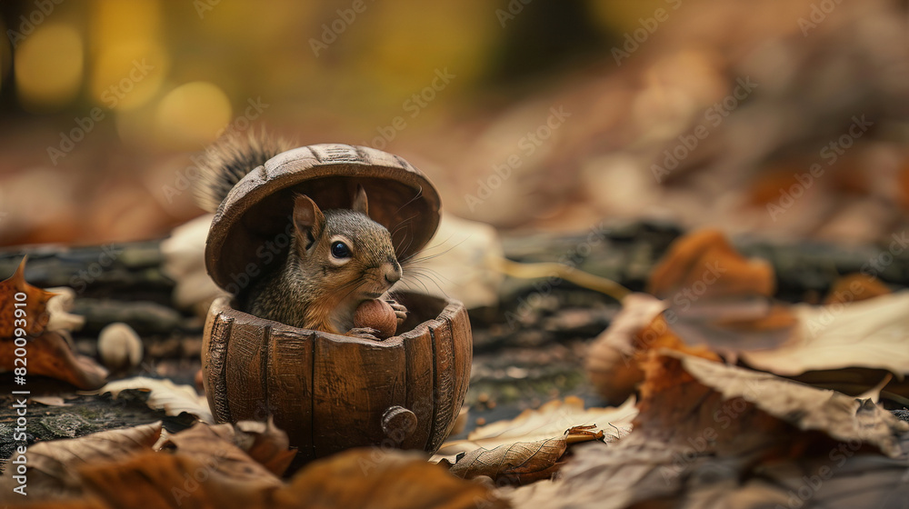 A small squirrel morphing into a wooden, acorn shaped storage box, keeping little secrets safe inside A small squirrel morphing into a wooden, acorn shaped storage box, keeping little secrets safe inside