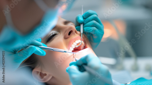 A hygienist performing a professional teeth cleaning on an adult  highlighting the importance of regular cleanings. Dynamic and dramatic composition  with cope space