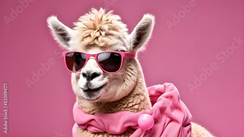 Cute lama alpaca with bubblegum wearing stylish pink sunglasses, isolated on a pink background with copyspace. Generative AI