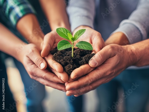A group of people are holding a small plant in their hands. The plant is green and he is a seedling. The people are smiling and seem to be enjoying the experience of holding the plant