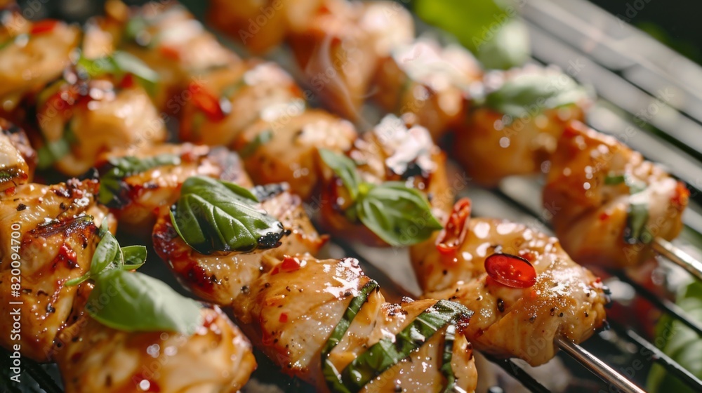 Close-up of Thai basil chicken skewers being grilled on a barbecue, with flavorful marinade and aromatic basil leaves. Close-up of Thai basil chicken skewers being grilled on a barbecue, with flavorful marinade and aromatic basil leaves.