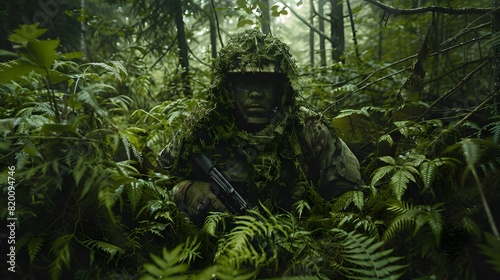  soldiers wearing guile suits in forest face the camera photo