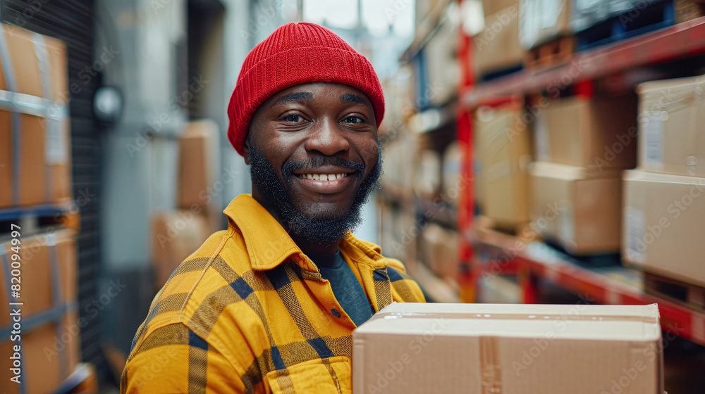 a logistic worker in casual attire, the satisfaction of a job well done on his face as he handles the delivery boxes with a gentle touch. a logistic worker in casual attire, the satisfaction of a job well done on his face as he handles the delivery boxes with a gentle touch.