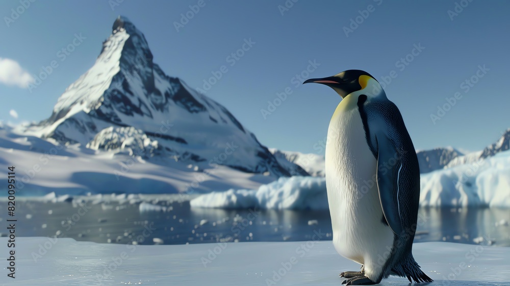 Fototapeta premium Majestic emperor penguin standing on icy terrain with a snow-covered mountain peak in the background on a clear, sunny day.