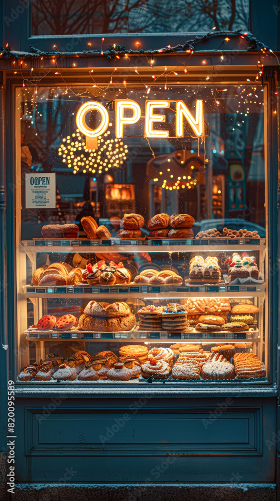 an inviting bakery window at dusk, the warm lights illuminating a variety of delectable pastries and an alluring neon an inviting bakery window at dusk, the warm lights illuminating a variety of delectable pastries and an alluring neon