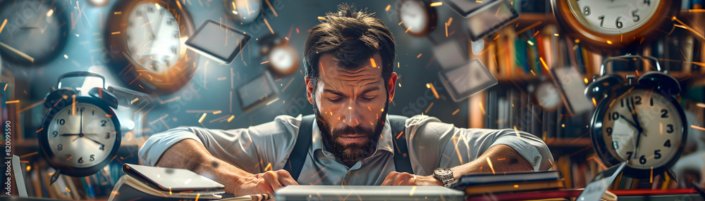Photo realistic concept of employee multitasking with various devices ...