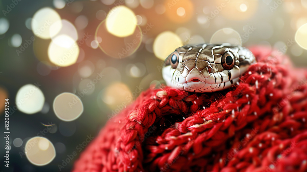 Cute snake in a red knitted blanket against the background of New Year's bokeh. symbol of the new year - snake, illustration of a snake for a calendar, postcard or congratulations for the new year Cute snake in a red knitted blanket against the background of New Year's bokeh. symbol of the new year - snake, illustration of a snake for a calendar, postcard or congratulations for the new year