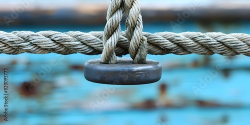 Image of taut rope on pulley supporting weight, texture stretched and strained. Concept Mechanical Engineering, Tensile Strength, Structural Integrity, Heavy Load, Industrial Design