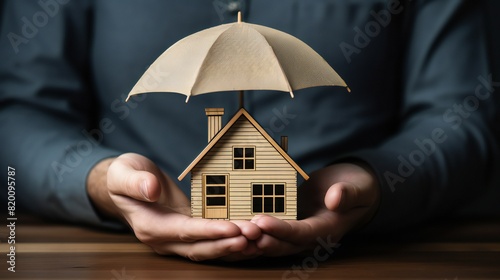 Icon of insurance in a hand holding an umbrella wood block cover. health, life, house, auto, and travel insurance concepts