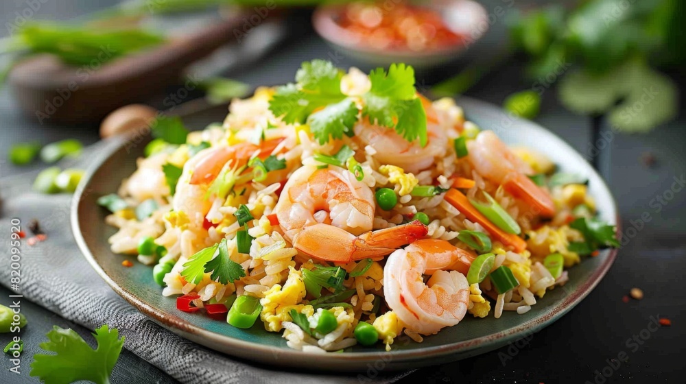 Colorful plate of Chinese-style fried rice with shrimp, eggs, and mixed vegetables, garnished with fresh cilantro and green onions. Colorful plate of Chinese-style fried rice with shrimp, eggs, and mixed vegetables, garnished with fresh cilantro and green onions.
