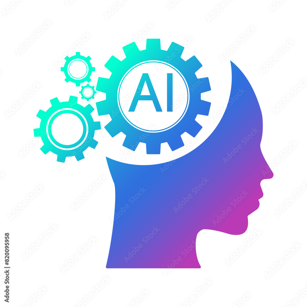 Human face with a gears icon. Artificial intelligence technology concept design, Machine learning. Isolated artificial Intelligence symbols. Vector illustration for banner and web template. Human face with a gears icon. Artificial intelligence technology concept design, Machine learning. Isolated artificial Intelligence symbols. Vector illustration for banner and web template.