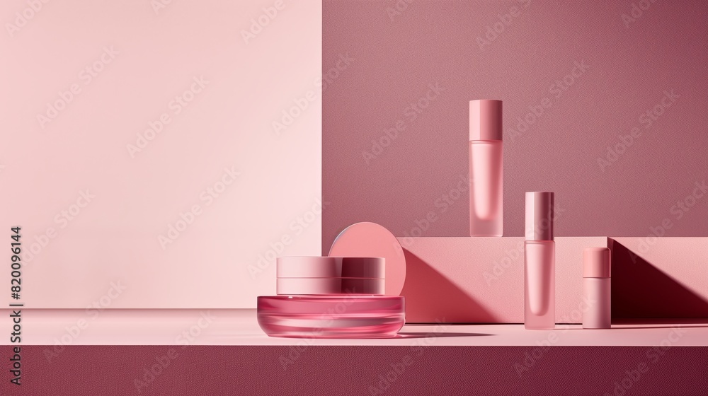 A minimalist product photo of a matching beauty range in rose pink background. A minimalist product photo of a matching beauty range in rose pink background.