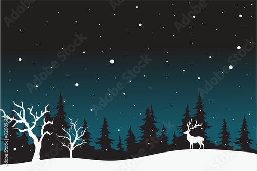 A fairytale winter landscape. Christmas background. There is a fantastic silhouette of white trees and deer with a dark background. Vector illustration
