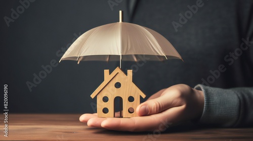 Icon of insurance in a hand holding an umbrella wood block cover. health, life, house, auto, and travel insurance concepts